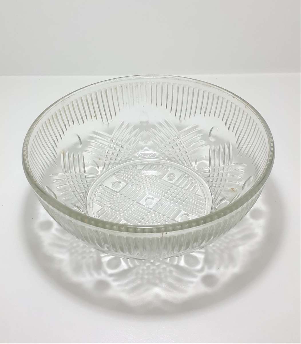 Vintage 1960-1970's Clear Glass Salad Bowl With Crosshatch & Prism Patterning