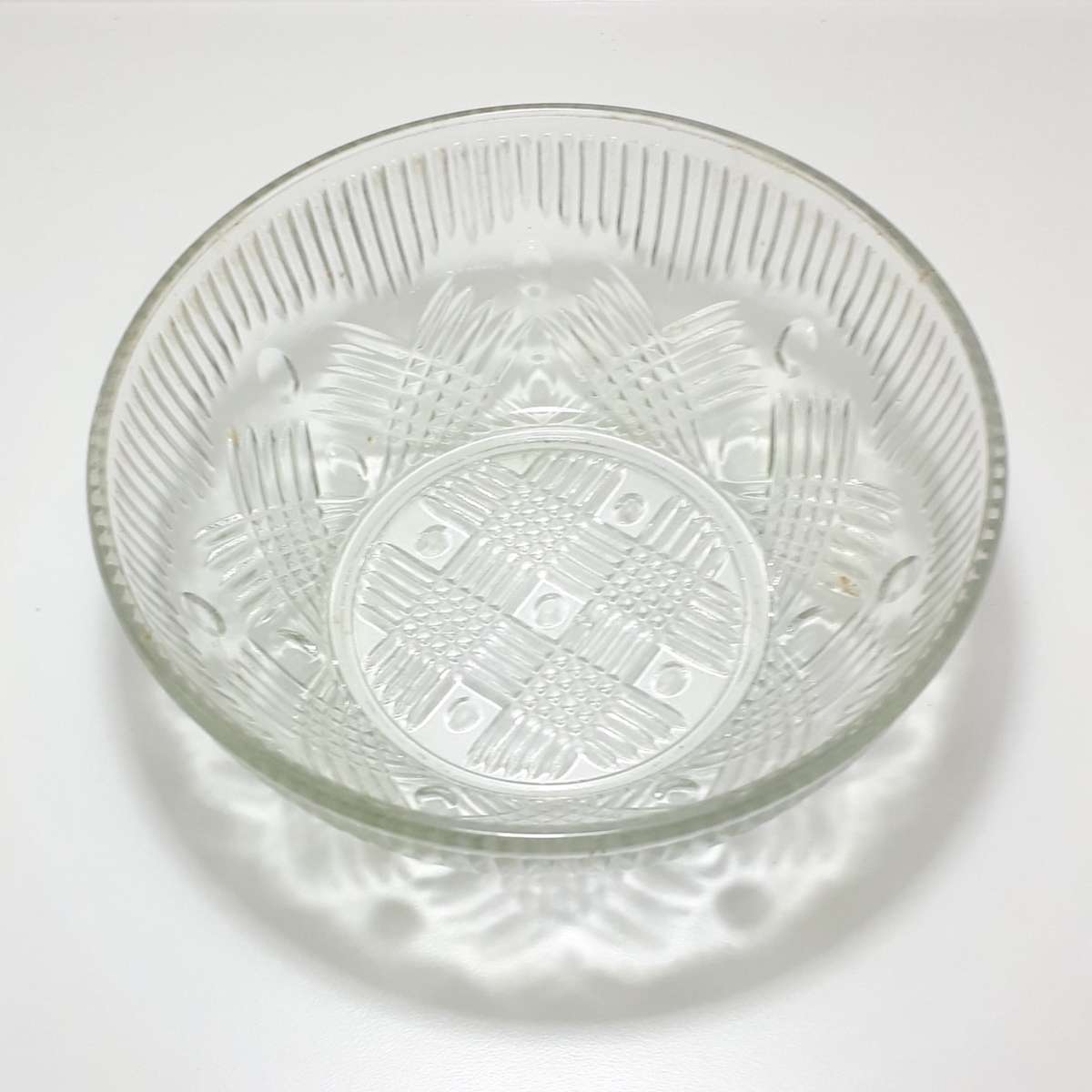 Vintage 1960-1970's Clear Glass Salad Bowl With Crosshatch & Prism Patterning
