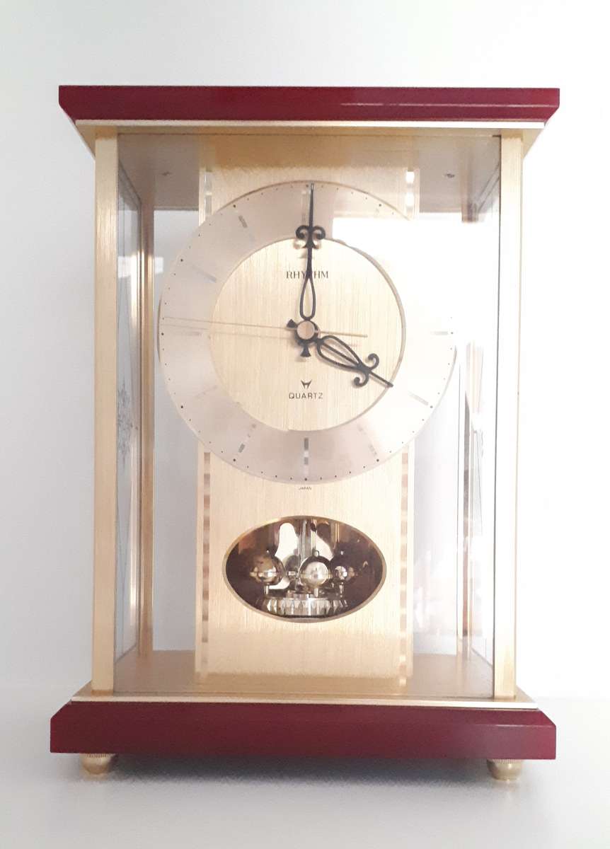 Vintage 1980s Japanese Rhythm Quartz Mantel Clock  Brass, Maroon Bakelite, Glass & Perspex ...