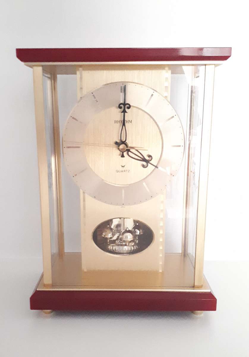 Vintage 1980s Japanese Rhythm Quartz Mantel Clock  Brass, Maroon Bakelite, Glass & Perspex ...
