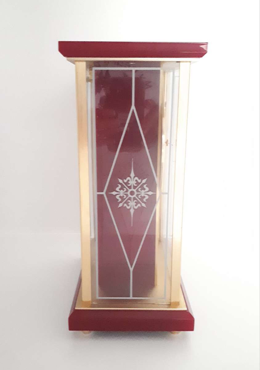 Vintage 1980s Japanese Rhythm Quartz Mantel Clock  Brass, Maroon Bakelite, Glass & Perspex ...
