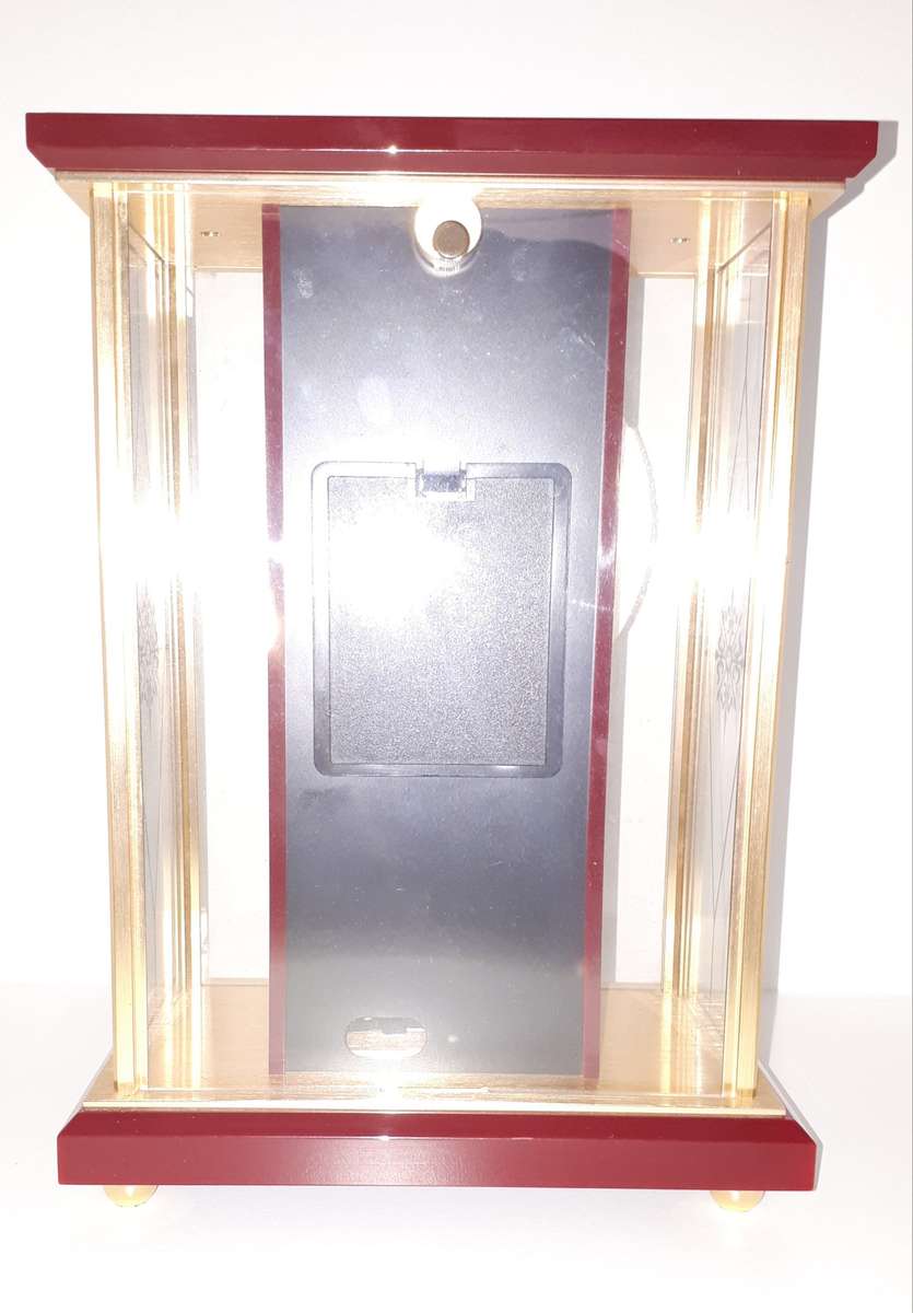 Vintage 1980s Japanese Rhythm Quartz Mantel Clock  Brass, Maroon Bakelite, Glass & Perspex ...