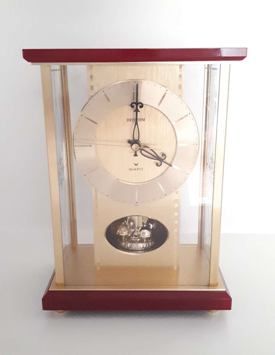 Vintage 1980s Japanese Rhythm Quartz Mantel Clock  Brass, Maroon Bakelite, Glass & Perspex ...