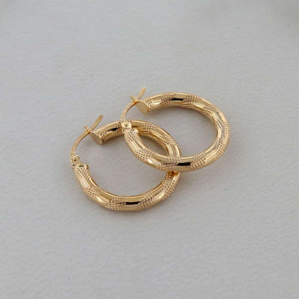 9K Yellow Gold 3mm Round Textured Tube Hoop 15mm