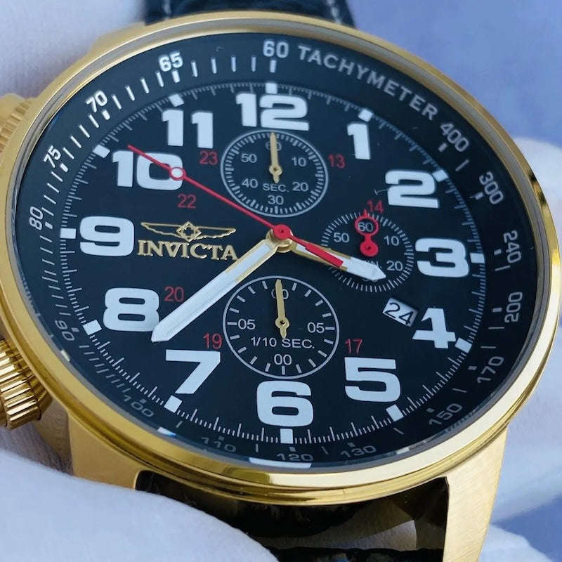 INVICTA Men's Russian Aviator Lefty 46mm Leather/Gold Black 23k Plated Watch