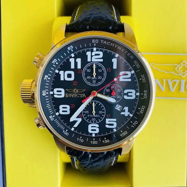 INVICTA Men's Russian Aviator Lefty 46mm Leather/Gold Black 23k Plated Watch