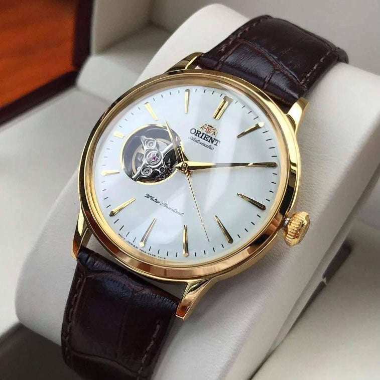 ORIENT Men's Bambino Automatic Classic Open Heart Watch Gold/Brown RA-AG0003S