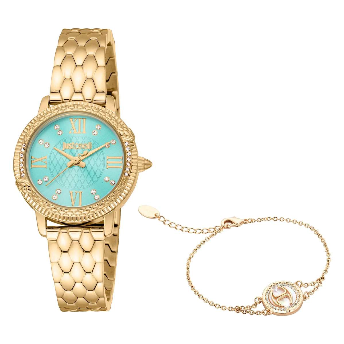 Just Cavalli Signature Snake Viperized Yellow Gold Turquoise