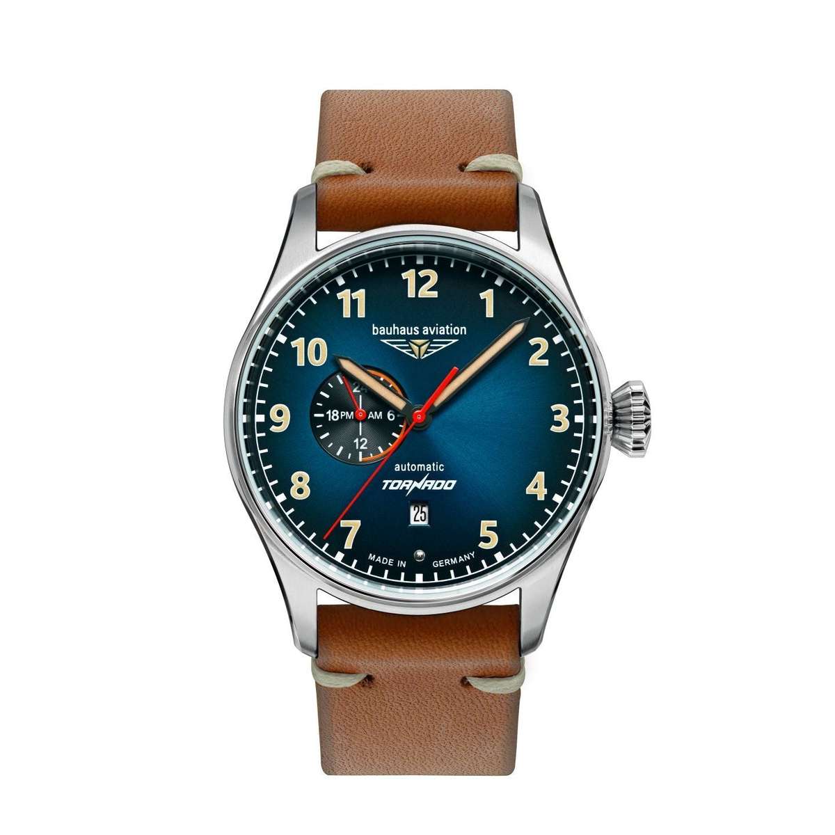 BAUHAUS AVIATION Men's Tornado Automatic 24-Hour Leather Strap Watch 27643