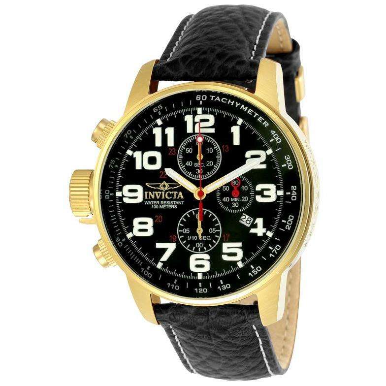 INVICTA Men's Russian Aviator Lefty 46mm Leather/Gold Black 23k Plated Watch