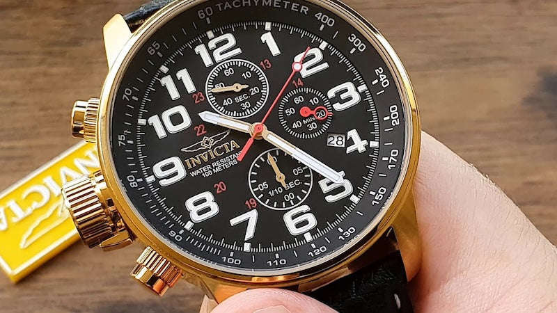 INVICTA Men's Russian Aviator Lefty 46mm Leather/Gold Black 23k Plated Watch