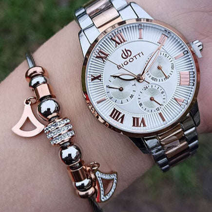 Bigotti Two-Tone Women's Watch, White Dial, Leather Strap | BG.1.10252-4