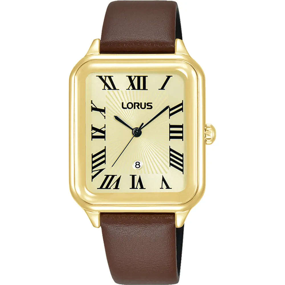 Lorus RG Rect Champ Dial Calender Black Hands Rom Num Brown Leather Strap | RH742BX9