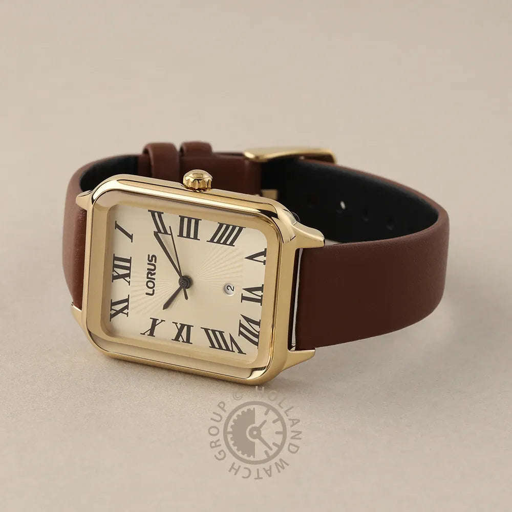 Lorus RG Rect Champ Dial Calender Black Hands Rom Num Brown Leather Strap | RH742BX9