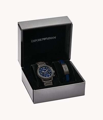 Emporio Armani Mario Chronograph Gunmetal Stainless Steel Watch and Bracelet Set - AR80045