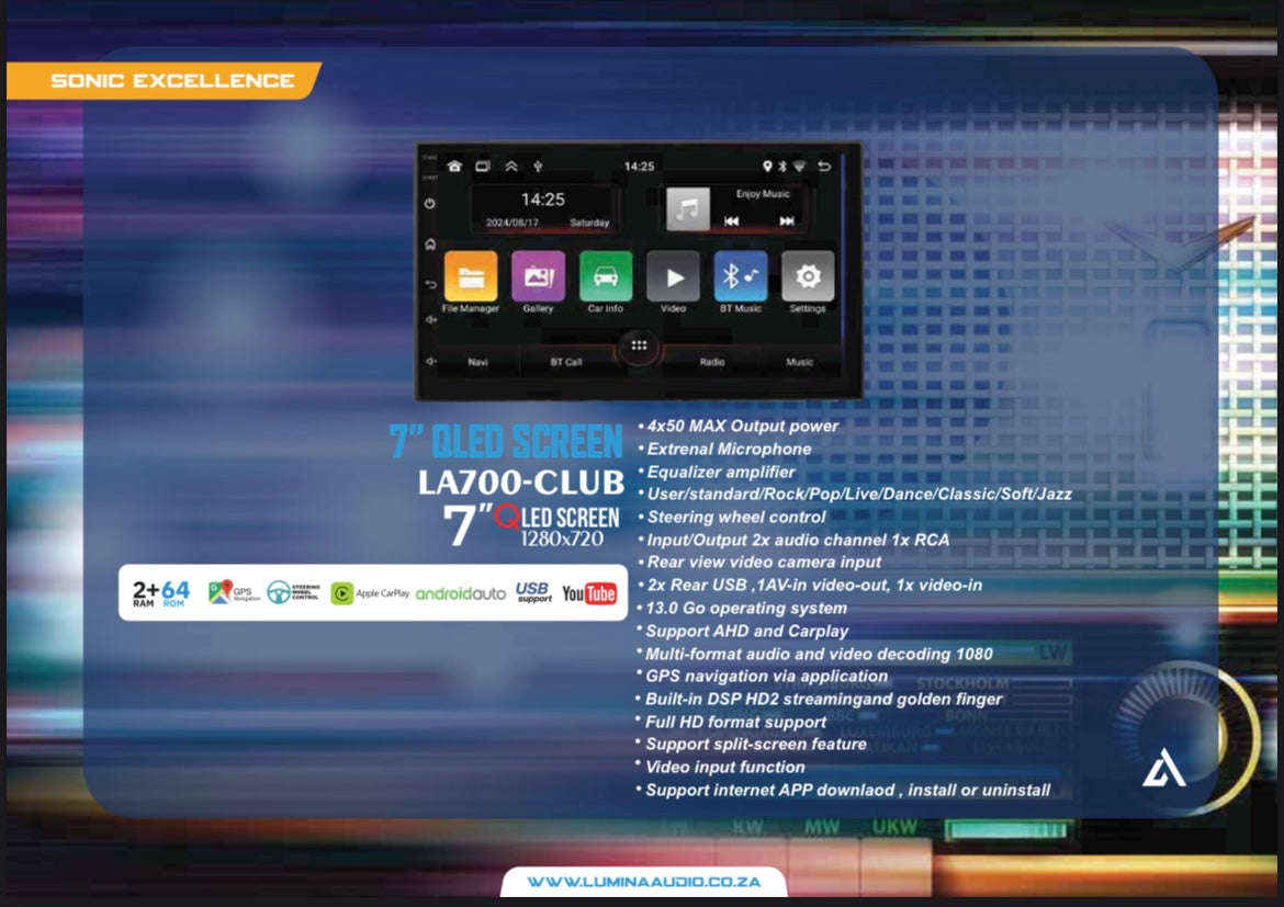 Lumina LA700-CLUB 7" QLED Carplay/AndroidAuto Double Din Radio