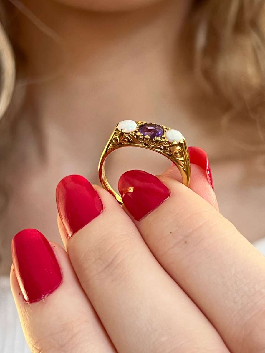 1977 Vintage Opal, Amethyst and Diamond 18ct Gold Ring
