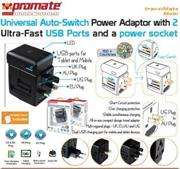 Promate Travelmate.Mobi ,Universal Auto-Switch Power Adaptor with 2 Ultra-Fast USB Ports and a po...