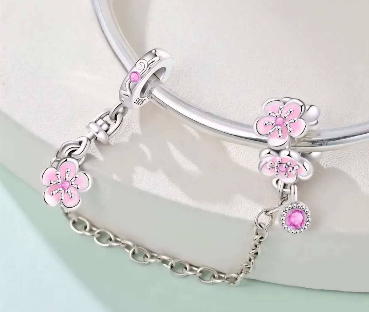 Pink Flower Safety Chain - Compatible with Pandora Bracelets