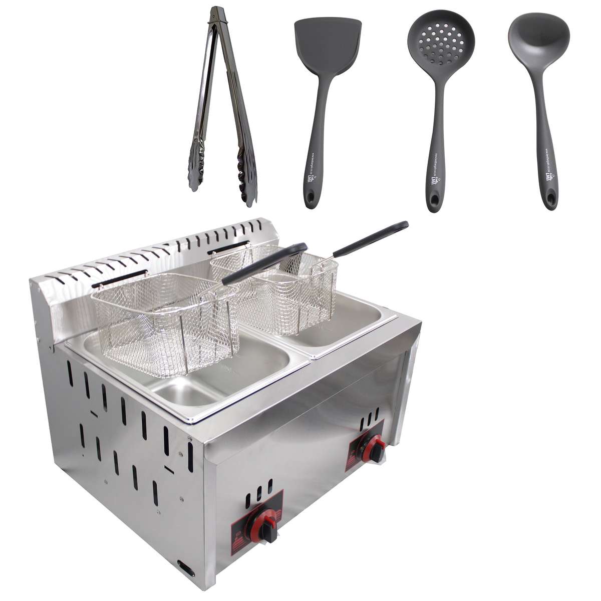 6L + 6L Golden Burner Double Tank Commercial Grade Gas Deep Fryer Combo (plus 3 silicon utensils ...