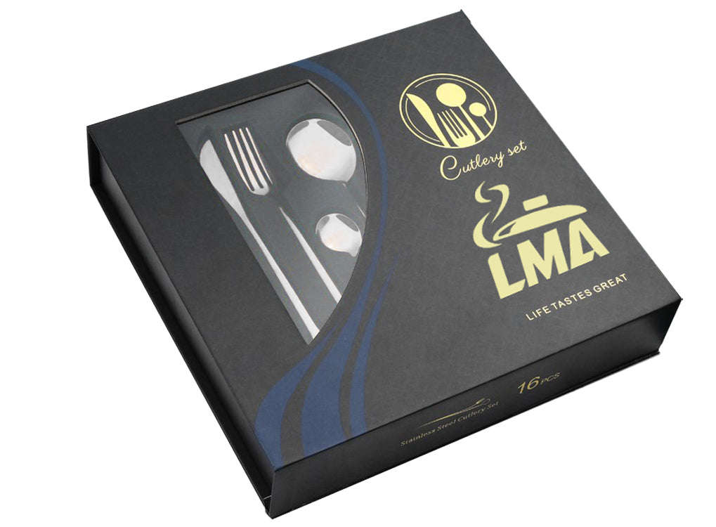 16 Piece LMA Stainless Steel Flatware Set & Noir Gift Box