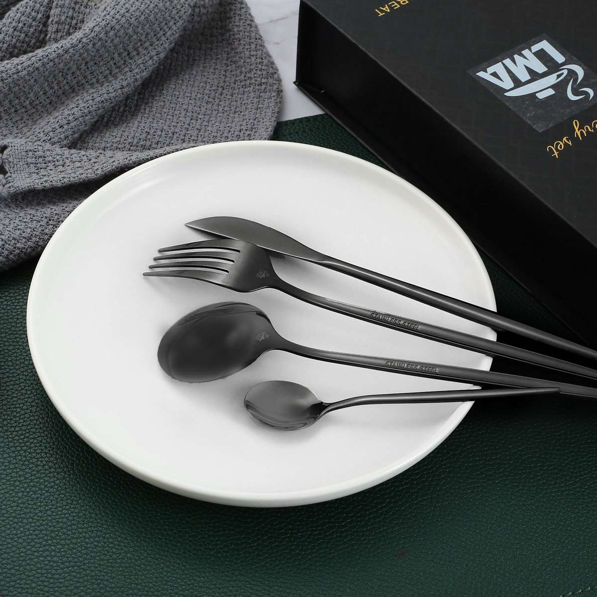 16 Piece LMA Stainless Steel Flatware Set & Noir Gift Box