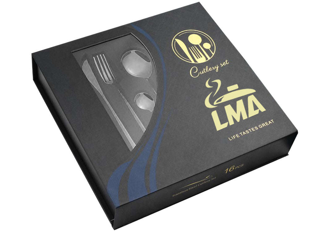 16 Piece LMA Stainless Steel Flatware Set & Noir Gift Box