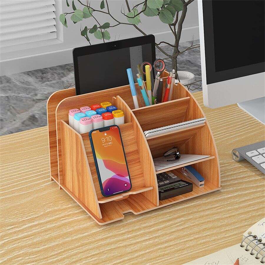 1pc Wooden Desk Organizer, Multi-Functional DIY Pen Holder, Pen Organizer For Desk, Desktop