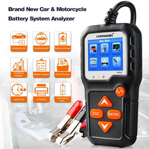 KONNWEI KW650 Car Motorcycle BatteryTester 12V 6V Battery System Analyzer 2000CCA Charging Cranking