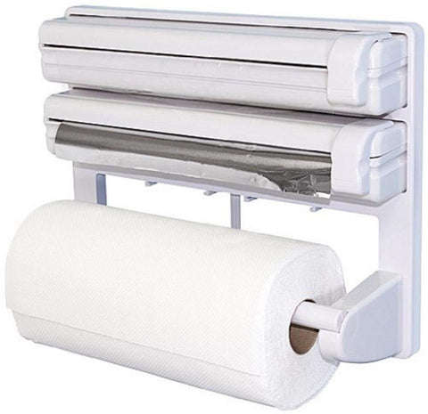 3 in 1 Foil Cling Film Tissue Paper Roll Holder for Kitchen with Spice Rack -White | Kitchen Triple