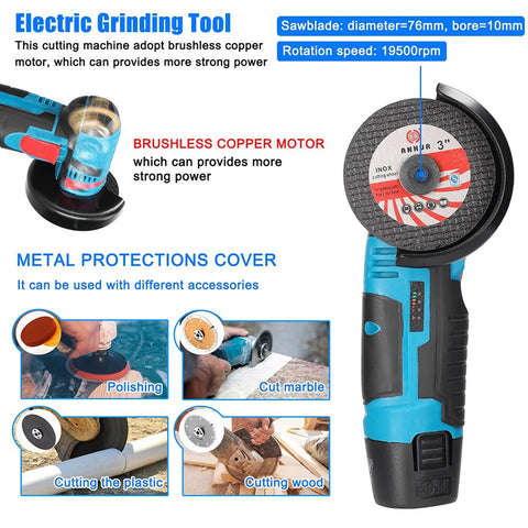 Toplionace 19500RPM 12V Rechargeable Mini Angle Grinder 800W Handheld Lithium Battery Cordless Poli