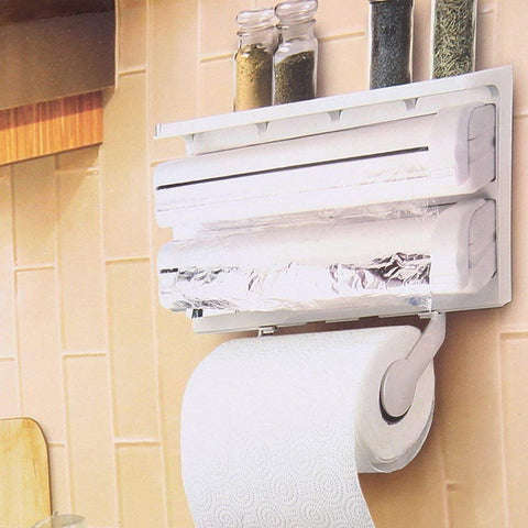 3 in 1 Foil Cling Film Tissue Paper Roll Holder for Kitchen with Spice Rack -White | Kitchen Triple