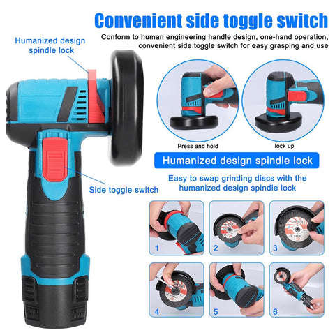 Toplionace 19500RPM 12V Rechargeable Mini Angle Grinder 800W Handheld Lithium Battery Cordless Poli
