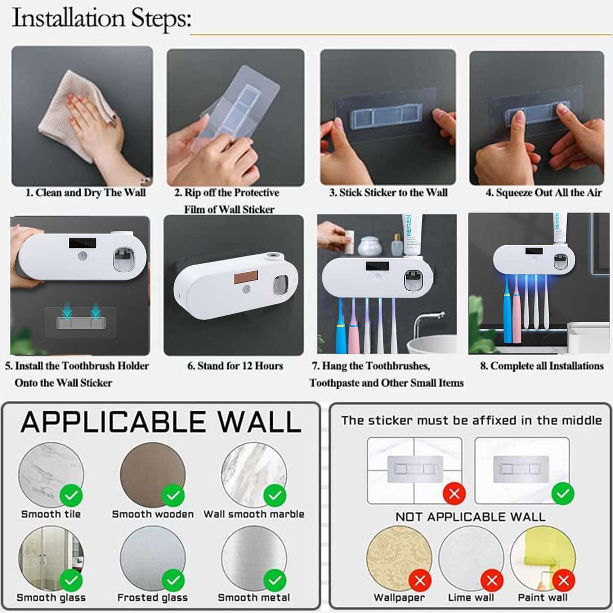 Wall Mounted Toothbrush Holder with Toothpaste Dispenser Electric Toothbrush Holder for Bathroom