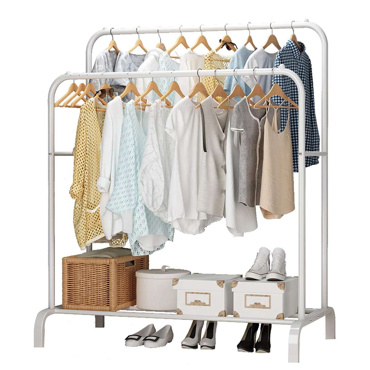 Monoptilon Clothes Rack with Double Rods 110cm, Metal Garment Rack Coat Rack Shoes Rack, Clothes Rai