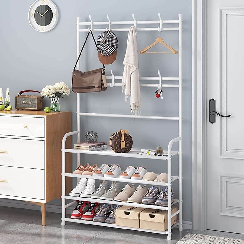Shoe Rack Coat Rack Shoe Bench 3-in-1 Hall Tree Entryway Metal Shoe Storage Furniture Organizer Shel
