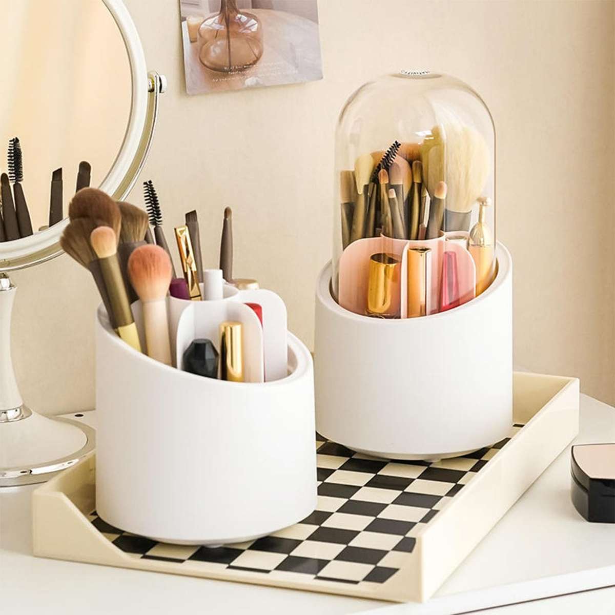 Makeup Brush Holder Organizer with Lid 360 Rotating Dustproof Makeup Brushes Container