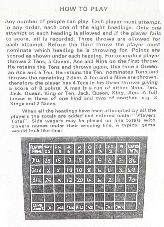 Max 'n Jax Board Game (including poker dice and chalk)