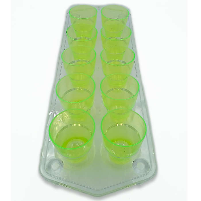 10 Neon Plastic Shot Glasses with Tray - Red