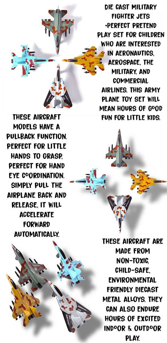 Kids Military Playset - Set of 4 Die-Cast Military Aircraft & Army Backpack