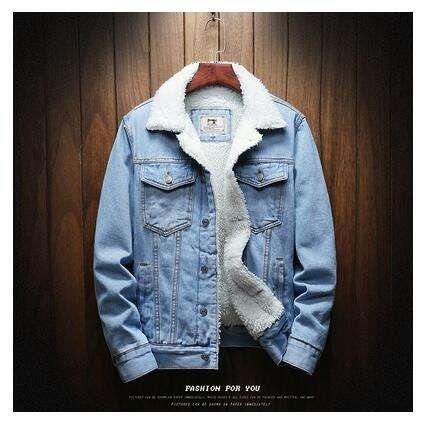 Men Light Blue Winter Jean Jackets Outerwear Warm Denim Coats New Men Large Size Wool... - Light / S
