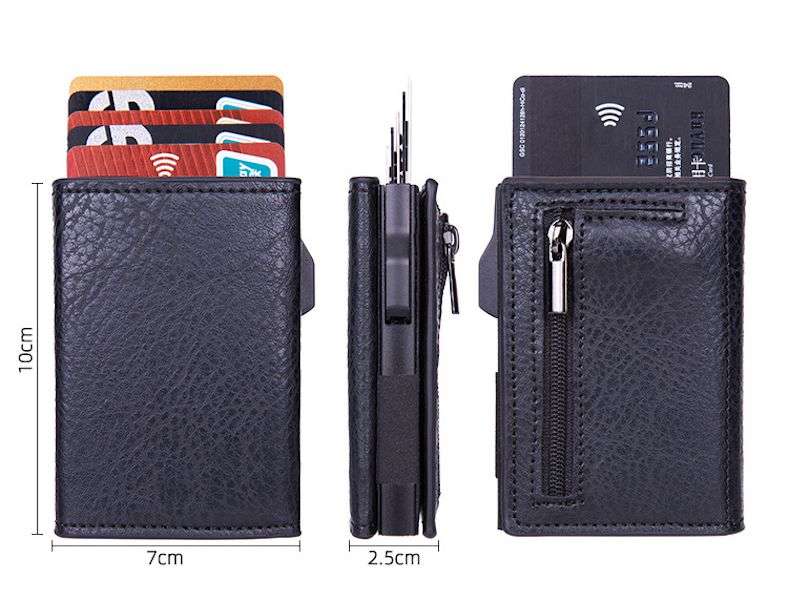 RFID protection bi-fold pop-up coin case wallet - PU Leather - Black