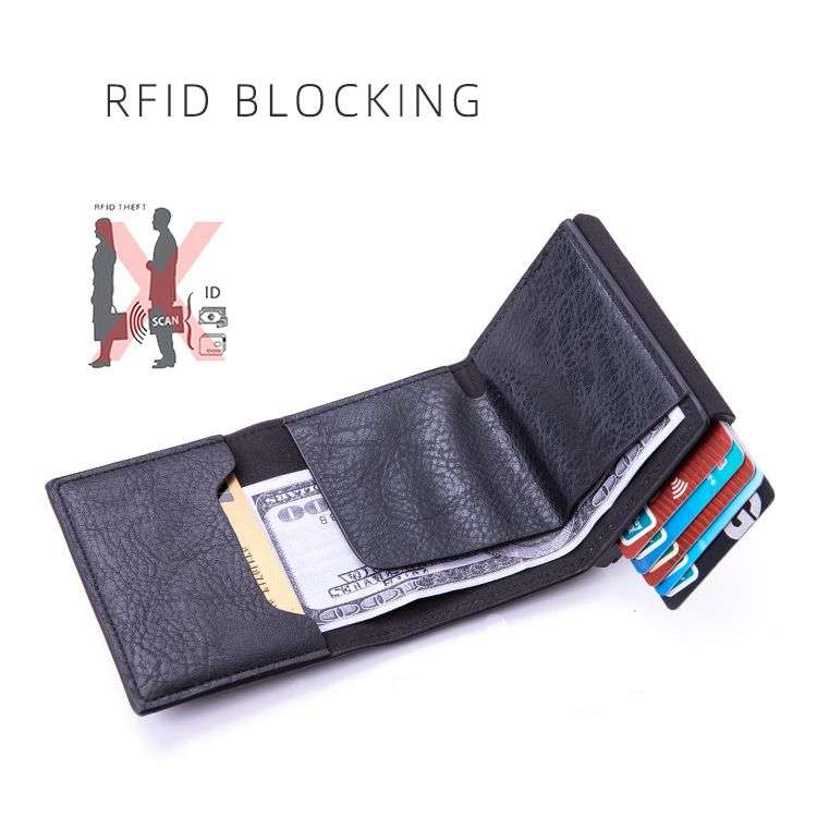 RFID protection bi-fold pop-up coin case wallet - PU Leather - Black