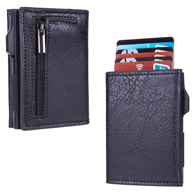 RFID protection bi-fold pop-up coin case wallet - PU Leather - Black