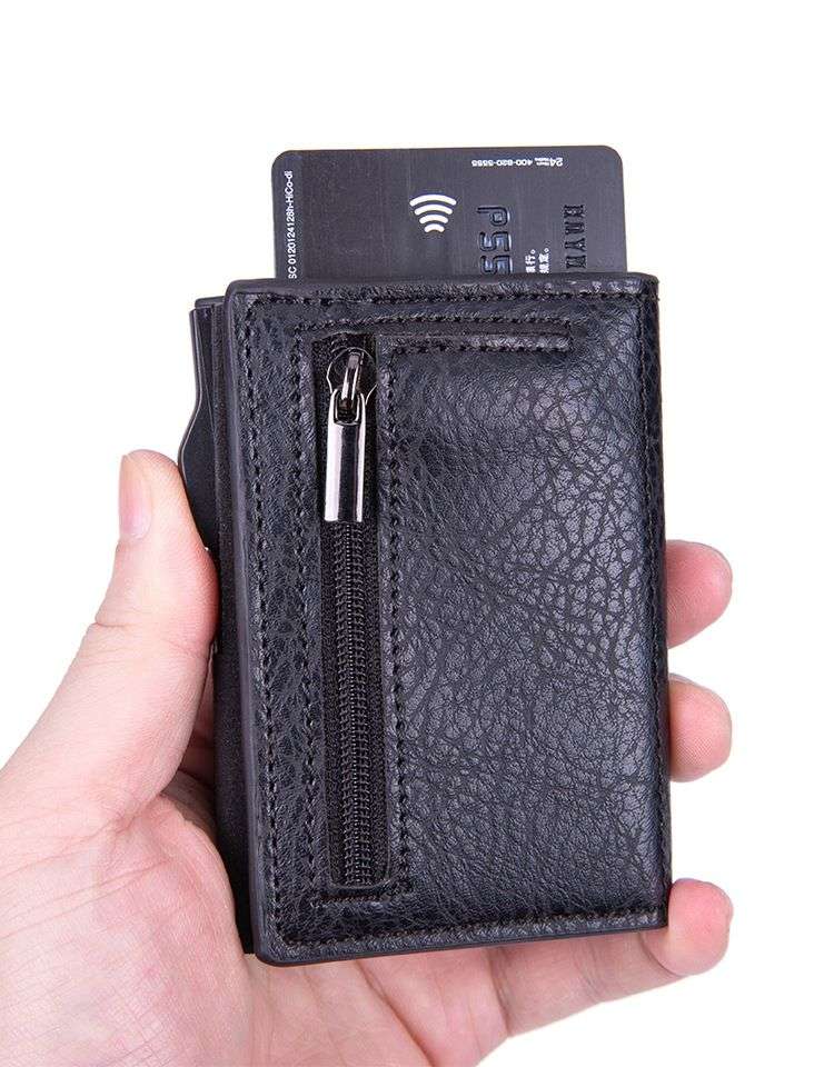 RFID protection bi-fold pop-up coin case wallet - PU Leather - Black