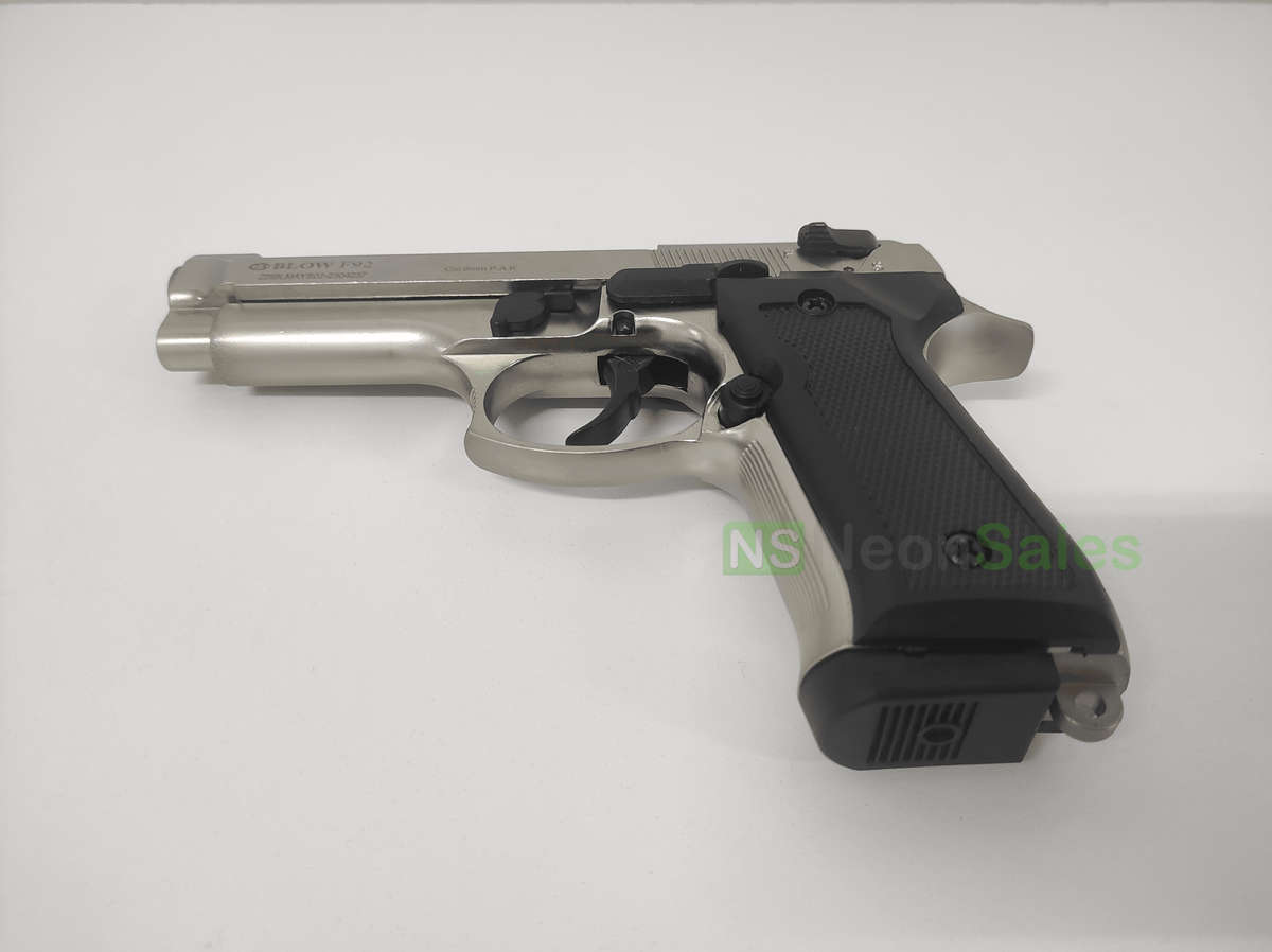 BLOW F92 BLANK GUN - SATIN W/ BLACK GRIPS & TRIM