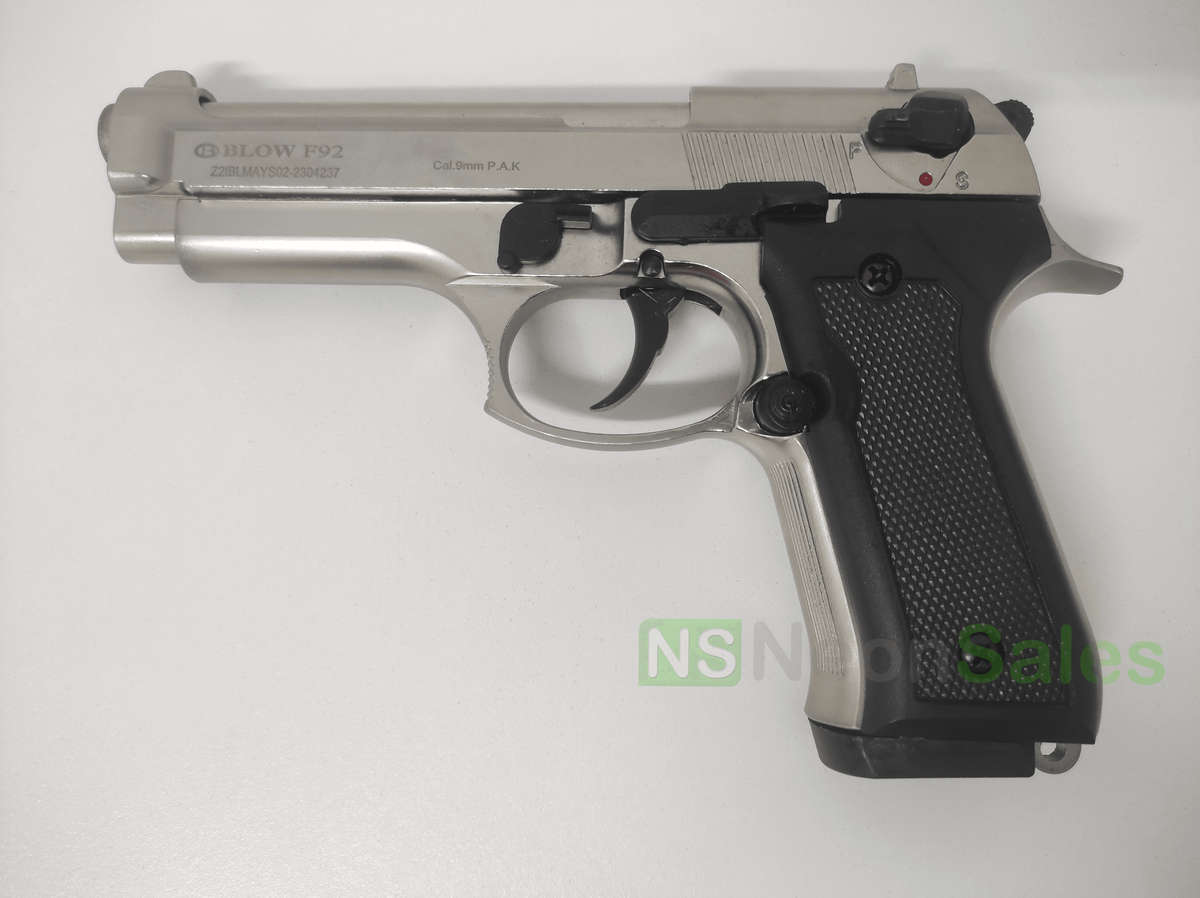 BLOW F92 BLANK GUN - SATIN W/ BLACK GRIPS & TRIM