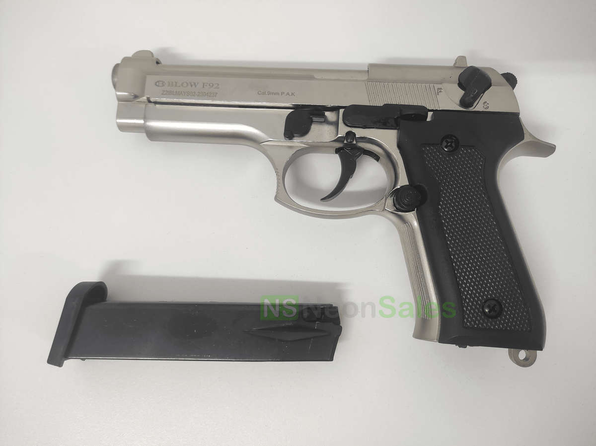 BLOW F92 BLANK GUN - SATIN W/ BLACK GRIPS & TRIM