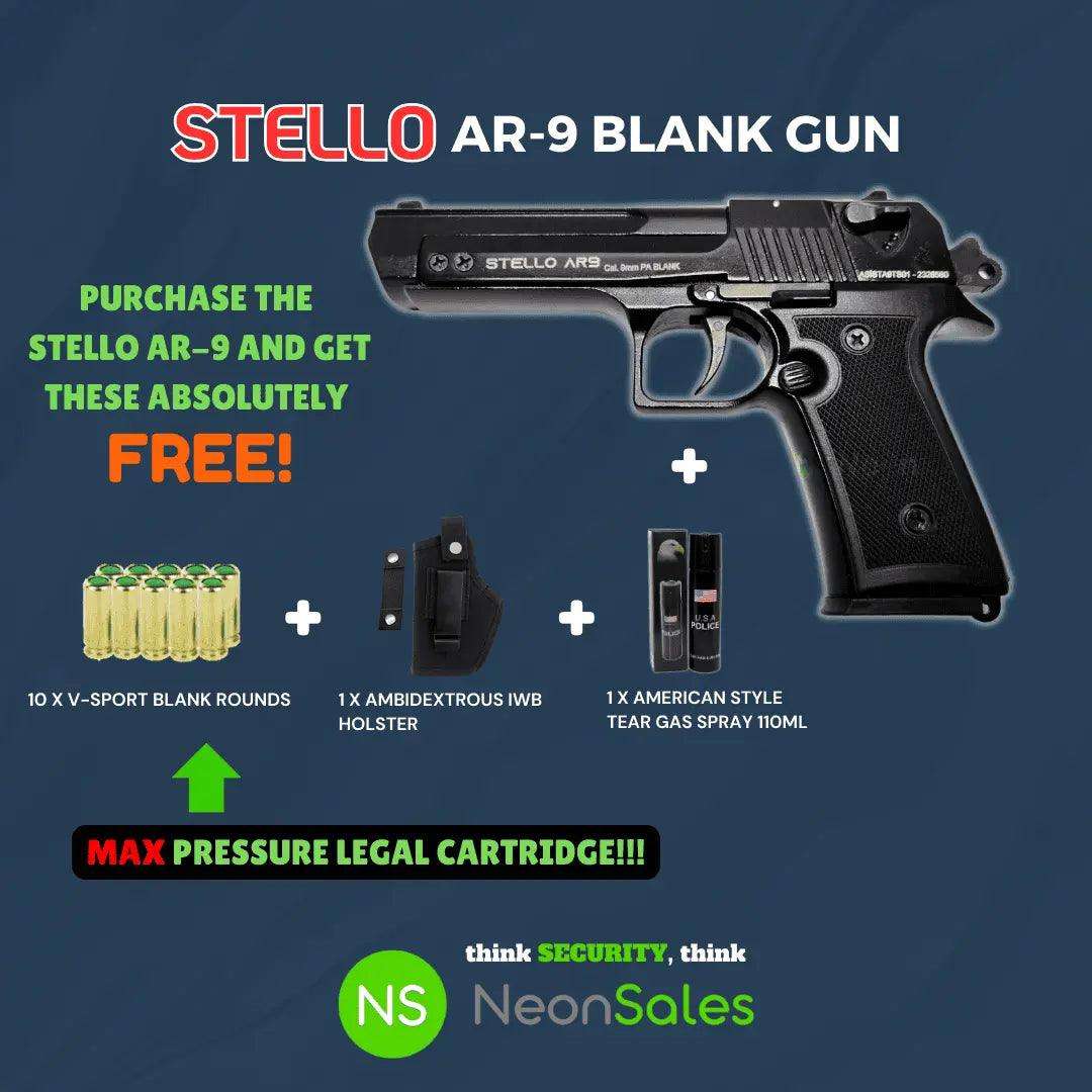 STELLO AR-9 BLANK GUN +10 BLANKS+ HOLSTER+ TEARGAS