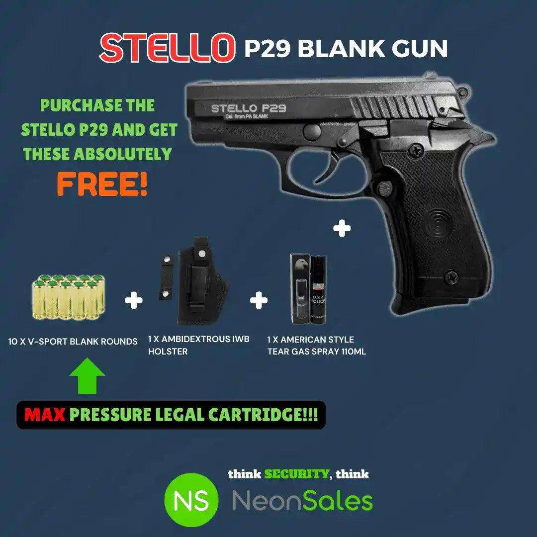 STELLO P29 BLANK GUN +10 BLANKS +HOLSTER + TEARGAS